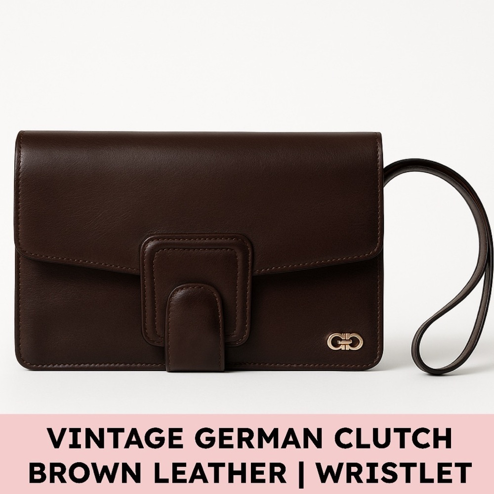 Vintage German Leather Clutch Brown Double-G Corner Hardware 80s Minimalist